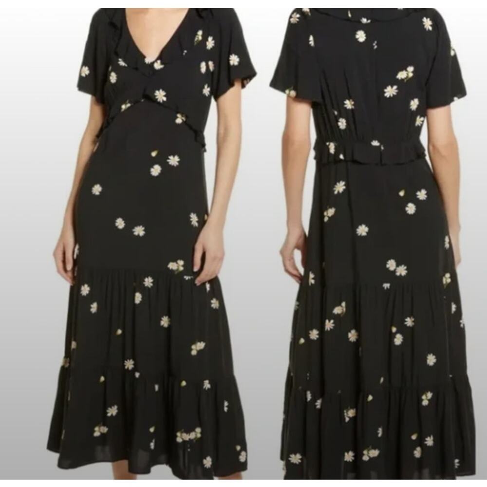 Madewell‎ Black Daisy Print Ruffle V Neck Maxi Dress Small 6 Floral
